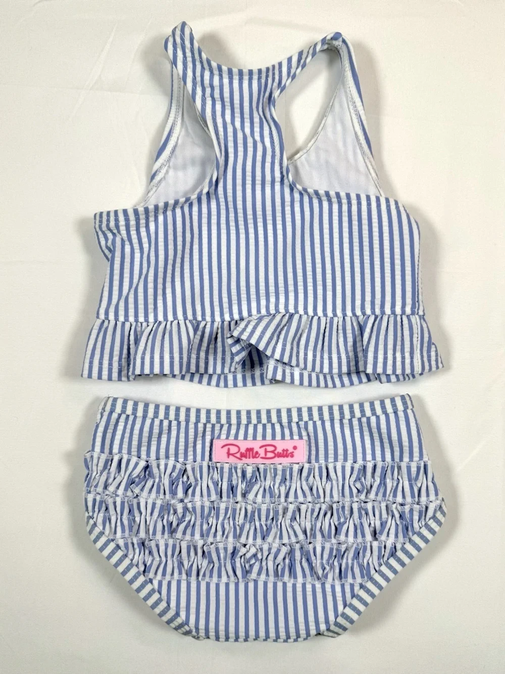 RUFFLE BUTTS Blue White Seersucker Stripe Two Piece Swimsuit Bikini Set 6-12M